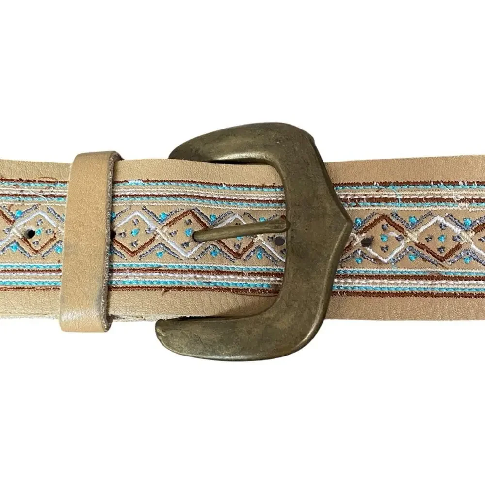 Tan Leather Embroidered Boho Western Belt size medium made in India